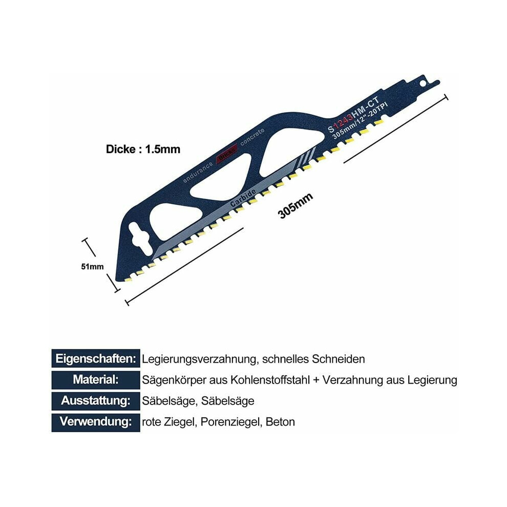 Demolition Masonry Reciprocating Saw Blade, Precision Sharpened Tungsten Carbide Steel Blade For Cutting Abrasive Materials Up To 25Cm Thick, 2Tpi 9128293338424
