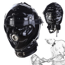 Bondage Leather Hood Open Mouth Full Coverage Padded Mask Opaque Eye Mask Adjustable Size SM Black For Couples Beginners