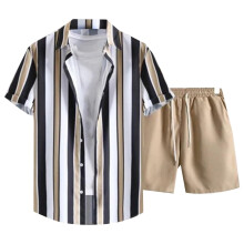 Tennis Pants Striped Colour Block Holiday Shirt and Shorts Set with 3D Print for Men Casual Summer Beach Outfit Jean 98 Khaki L