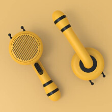 Pet Needle Comb, Removes Loose Hair, OneTouch Button, Small Bee Design, Cat Massage Brush (Yellow)