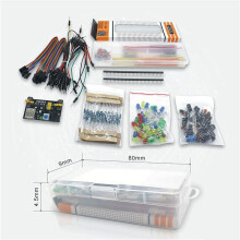 Kit de inicio electrónico, módulo de fuente de alimentación, cables de conexión, resistencias, placa de prototipos, condensadores, transistores,