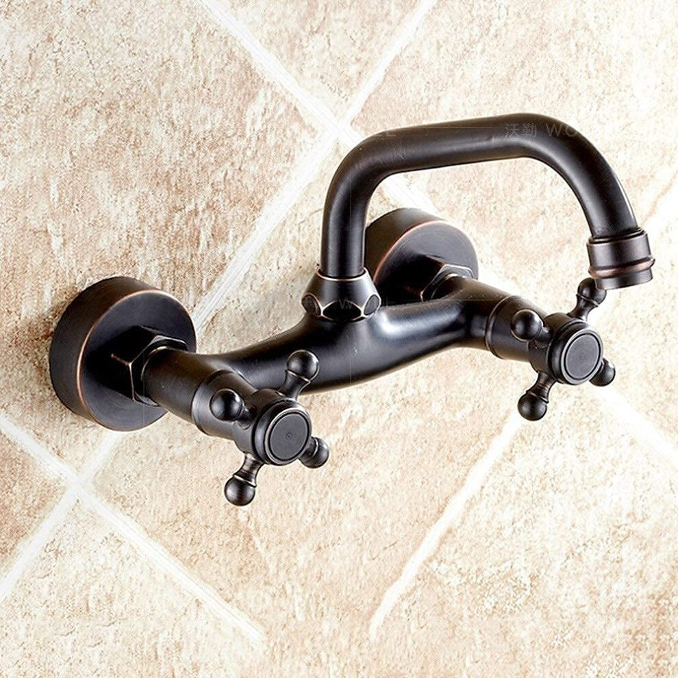 Faucets Twohandle Wallmount Brass Bathroom Sink Faucet With Long Curve Spout Vessel Sink Roman Tub Black Finish 9189345009938
