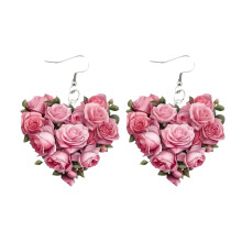 Silver Acrylic Rose Heart Drop Earrings Set for Valentine's Day, Lightweight Rose Heart Dangle Earrings, Stainless Steel Earrings in Pink, 3.5X0.27cm