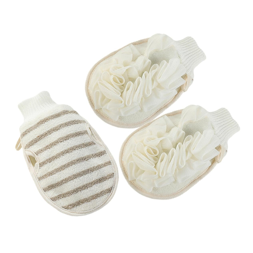 Beige 3 Pieces Bath Towel Shower Scrubber Exfoliating Gloves For Body Peeling, Shower Exfoliating Gloves For Bathing, Flax