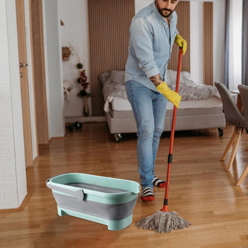 Compact Folding Mop Bucket Rectangular, Foldable Cleaning Tool, Green Container For Home, Laundry, Kitchen 1