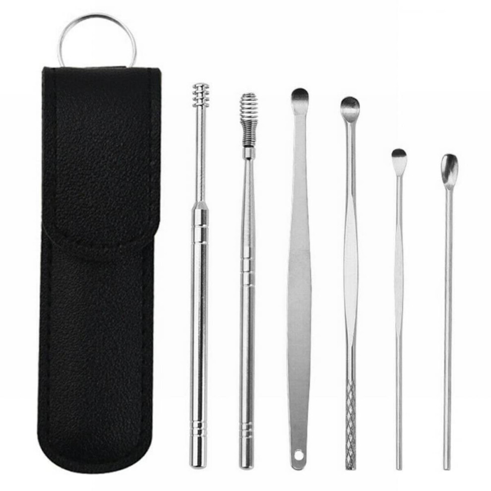 Black Ear Wax Remover, Ear Wax Remover Kit, 6Piece Stainless Steel Ear Spoons, Leather Case