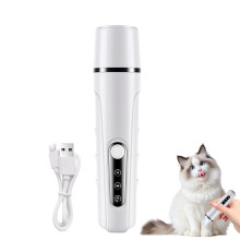 Electric pet nail clipper, electric trimmer for cat paws, ergonomic handle, faux fur grooming tool for rabbits, dogs, kittens, and other small pets.