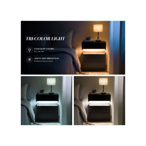 LED Bedside Table Acrylic Panel Material Bedroom LED Nightstand With Three-Drawer Dressing Cabinet (Black) 2