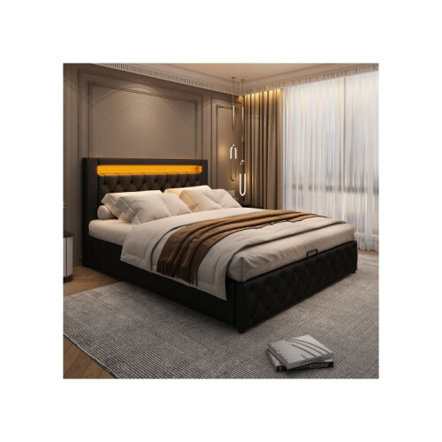 Upholstered bed 135 x 190 cm functional bed with slatted frame and storage space, LED lighting in different colors, black, PU 1