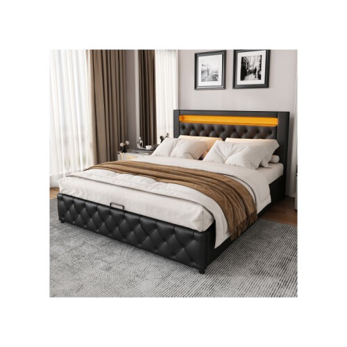 Upholstered bed 135 x 190 cm functional bed with slatted frame and storage space, LED lighting in different colors, black, PU 2