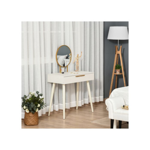 HOMCOM Elegant Dressing Table, with Round Mirror, 80 x 40 x 123 cm - White 1