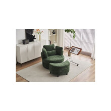Chenille swivel armchair with 3 back cushion pillow ottoman crescent stool, Green