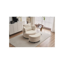 Teddy swivel armchair with 3 back cushion pillow ottoman crescent stool, White