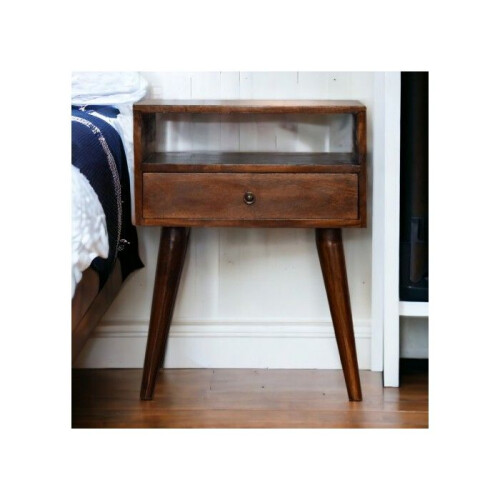 Solid Wood Modern Chestnut Solid Wood Bedside, 1 Drawer, 1 Open Slot, Dark Brown