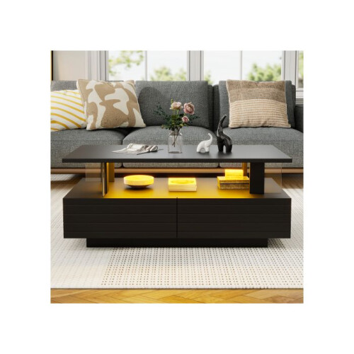 Coffee table with open storage compartment, rectangular living room piece with LED lighting, dimensions 100  50  42.5 cm, black