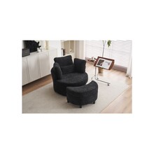 Chenille swivel armchair with 3 back cushion pillow ottoman crescent stool, Black