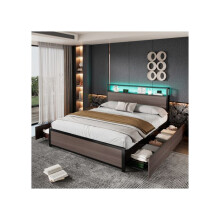 Metal bed frame, 4'6" twin bed (135x190 cm), suitable for adults and teens, multifunctional bed, wrought iron bed frame, gray.
