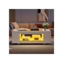 Hollow coffee table with open storage compartment, sofa side table with LED lighting, 100 50 35 cm, white