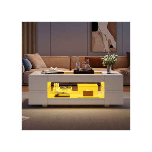 Hollow coffee table with open storage compartment, sofa side table with LED lighting, 100  50  35 cm, white