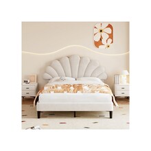 4'6" Double Upholstered Velvet Bed Frame with Adjustable Stylish Petal-Shaped Headboard, Mattress Not Required, Beige