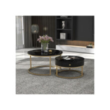 Round coffee table with drawers, featuring gold-toned metal frame legs and a marble-effect (non-natural stone) tabletop