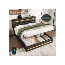 5-foot upholstered bed frame with hydraulic storage, LED adjustable headboard with USB and Type-C ports, black (mattress not included)