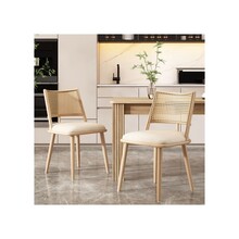 Set of 2 pieces, woven rattan backrest, bamboo kitchen chair with faux rattan backrest and vintage armchair, beige