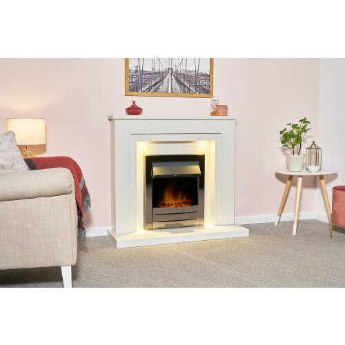 Acantha Dallas White Marble Fireplace with Downlights, 42 Inch 1