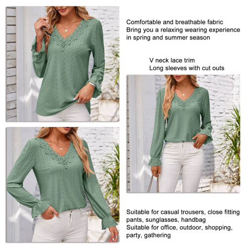 Grüne Spitzendeck-Bluse mit V-Ausschnitt, casual Passform, Polyester, S-XL 2