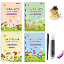 Oxinome Copybook, Magic Exercise Book for Children, Groove Calligraphy, Reusable Workbook, Pack of 4
