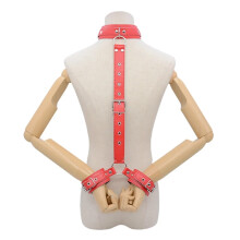 BDSM Bondage Restraints Set with Adjustable PU Leather Handcuffs and Collar for Couples Red