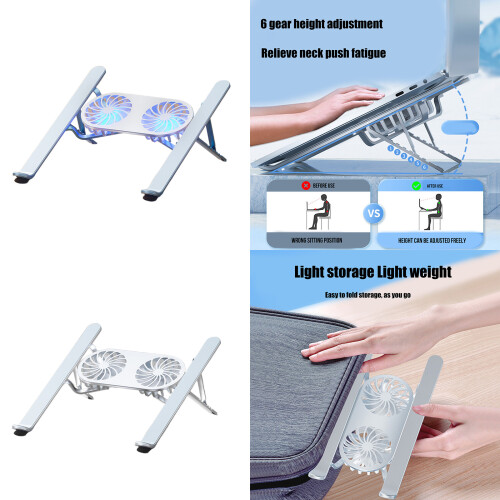 Aluminum Alloy Laptop Cooling Pad Adjustable-Silver With light 2