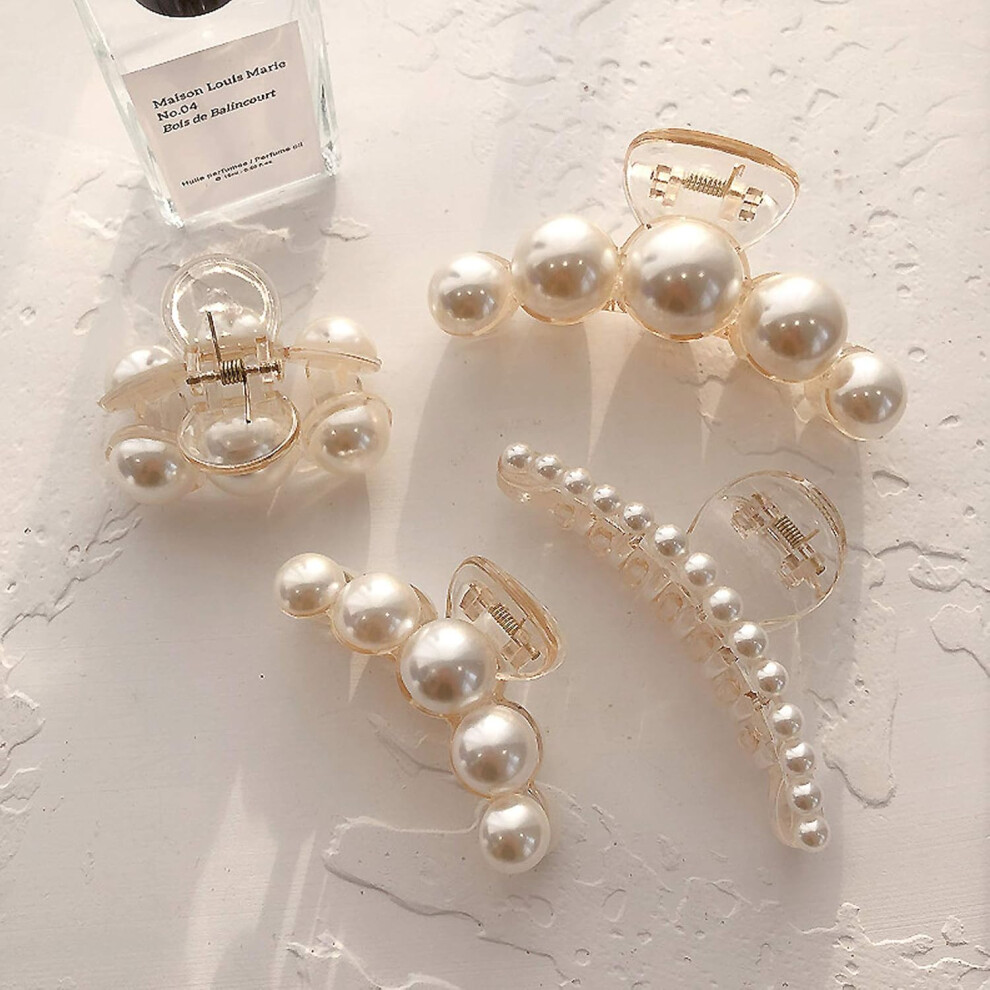 Elegant Occasion Pearl Hair Claw Clips, Strong Hold Jaw Clip For Thick And Thin Hair, Perfect Gift For Women (Pack Of 4, Multi-Sizes) For Nightclubs