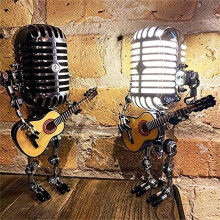 Music Lovers' Dream: Metal Microphone Robot Lamp, Cool Gift for Men, Decorative Nightstand Desk Lamp with LED Bulbs for Energy Efficiency, Adjustable