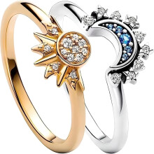 Girls Products 2 Pieces/Set Sun and Moon Stars Ring Heart Ring Zircon Ring Crown Princess Ring N56 Gifts ROSE GOLD SUN 6