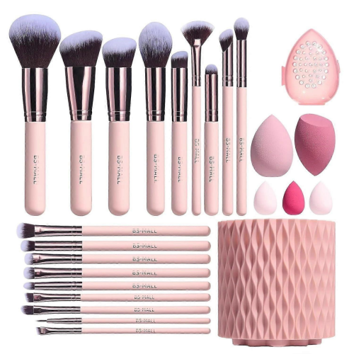 Set di pennelli trucco premium da 18 pezzi con 5 spugnette e supporto (sintetici, rosa)