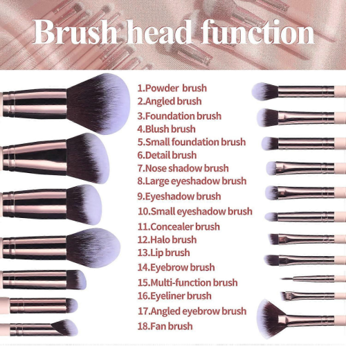 Set di pennelli trucco premium da 18 pezzi con 5 spugnette e supporto (sintetici, rosa) 2