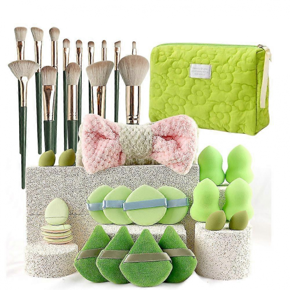 Pink/Green/Beige 35Pcs Professional Makeup Brushes & Sponges Set, High-Quality Face Eye Lip Makeup Tools Kit
