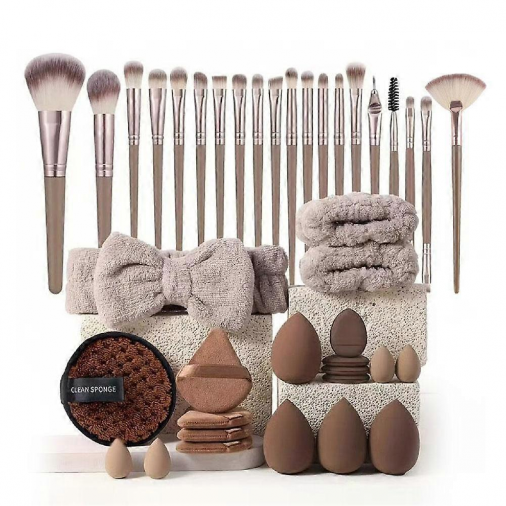 Brown 40Pcs Coffee Makeup Brushes And Sponges Set With Beauty Egg & Puff