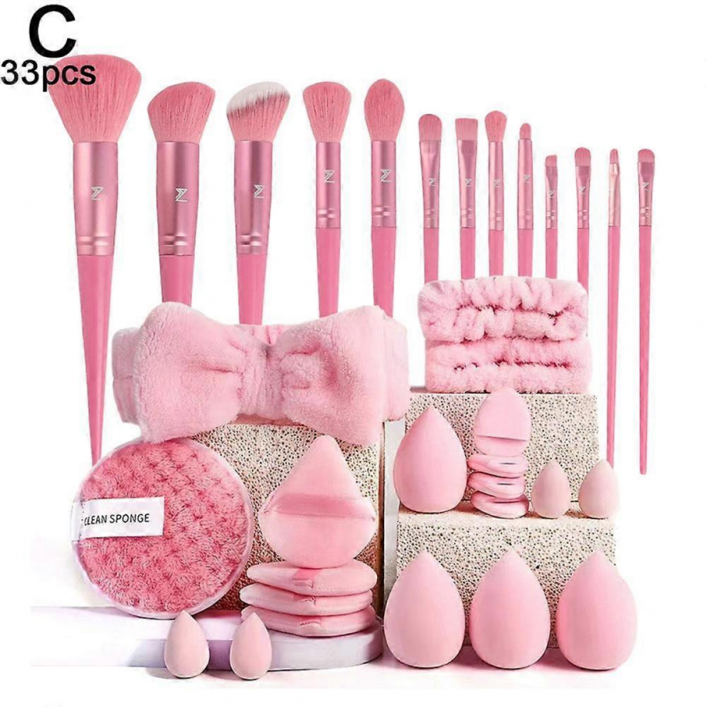 Pink/Brown 33Pcs Makeup Brushes And Sponges Set With Beauty Egg And Puff