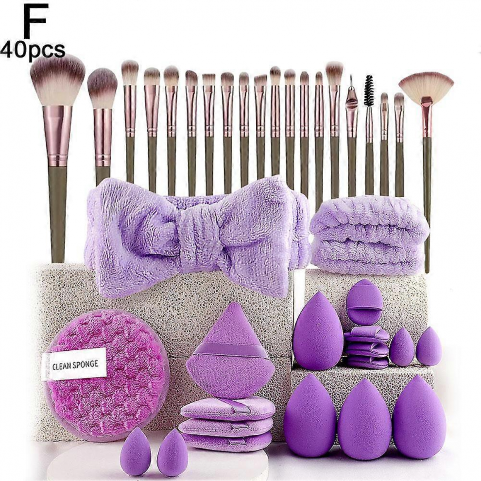 Purple/Brown 40Pcs Makeup Brushes And Sponges Set With Beauty Egg & Puff