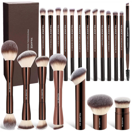 20-Piece Double-Ended Makeup Brush Set in Coffee Brown with Gift Box