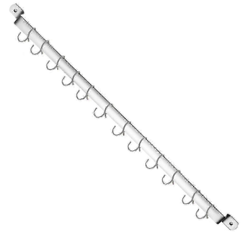 Wall-mounted rail organizer with 14 hooks for mugs, spatulas, pots kitchen utensil rack