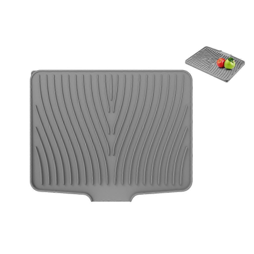Grey One Size Silicone Dish Drying Mat with Built-in Drain for Kitchen Counter