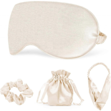 Seidene Reiseschlafmasken-Set mit Haargummi und Reisetasche für Damen, 4er-Pack Champagner