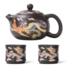 Service à thé artisanal en argile violette dragon-phénix, réutilisable, cadeau idéal pour amateur de thé.