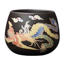 Service à thé artisanal en argile violette à motif dragon-phénix changeant de couleur, théière réutilisable, cadeau pour amateurs de thé.