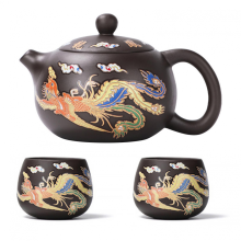 Service à thé artisanal en argile violette dragon-phénix, théière réutilisable, cadeau idéal pour amateurs de thé.