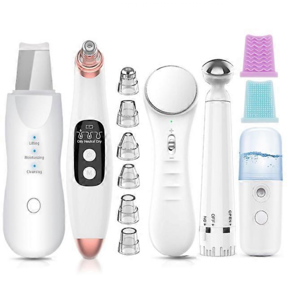 5pcs Ultrasonic Skin Scrubber, Blackhead Remover, Pore Cleaner, Nano Spray, Facial Steamer, Massager, Eye Beauty Set