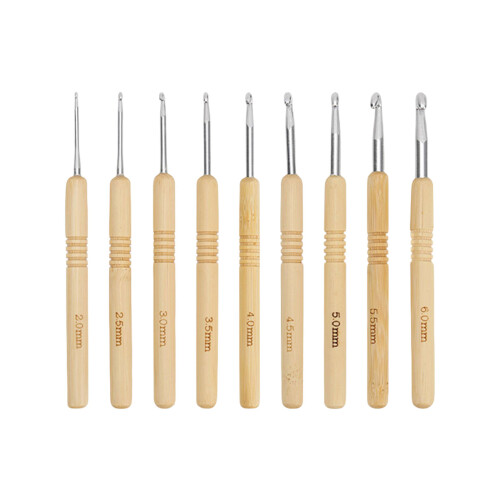 Crochet Hook Set, 9Pcs Wood Knitting-Bamboo handle silver